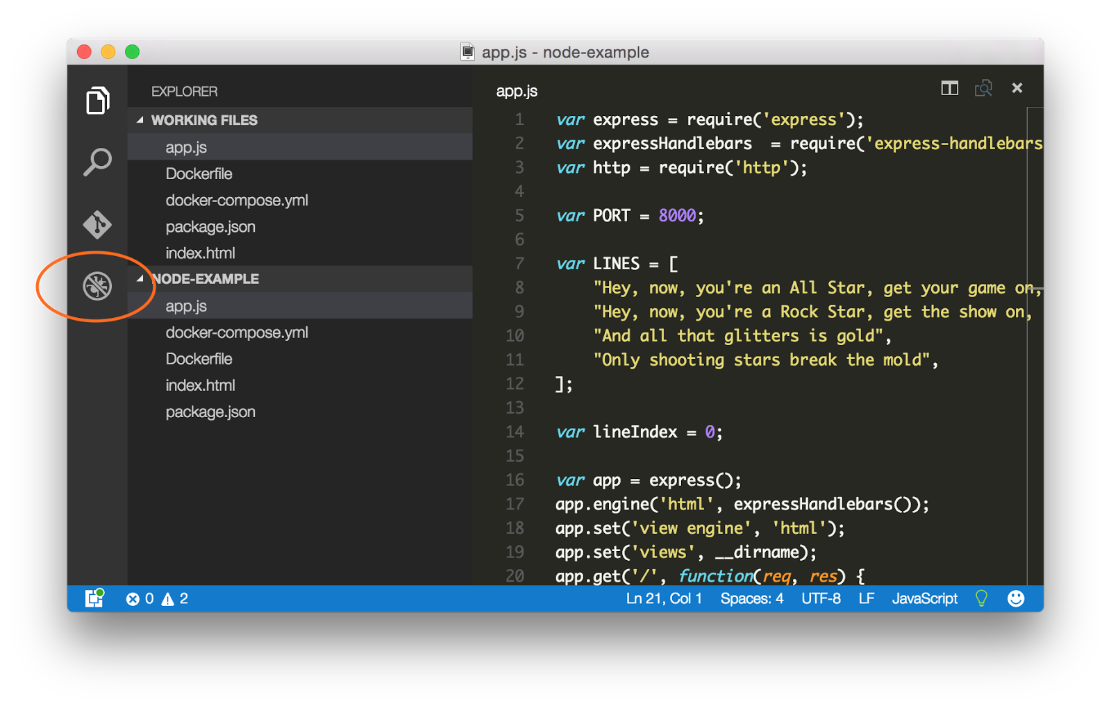 Image of VS Code with debugger icon highlighted