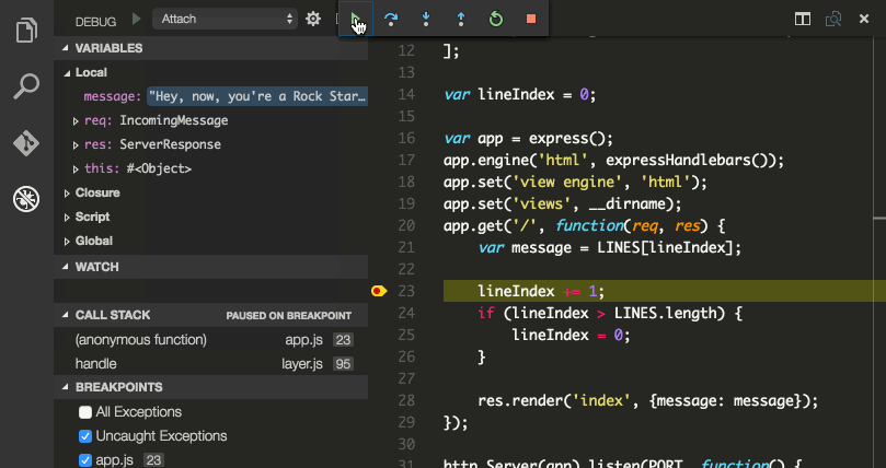 Animated image of VS Code hititng breakpoint